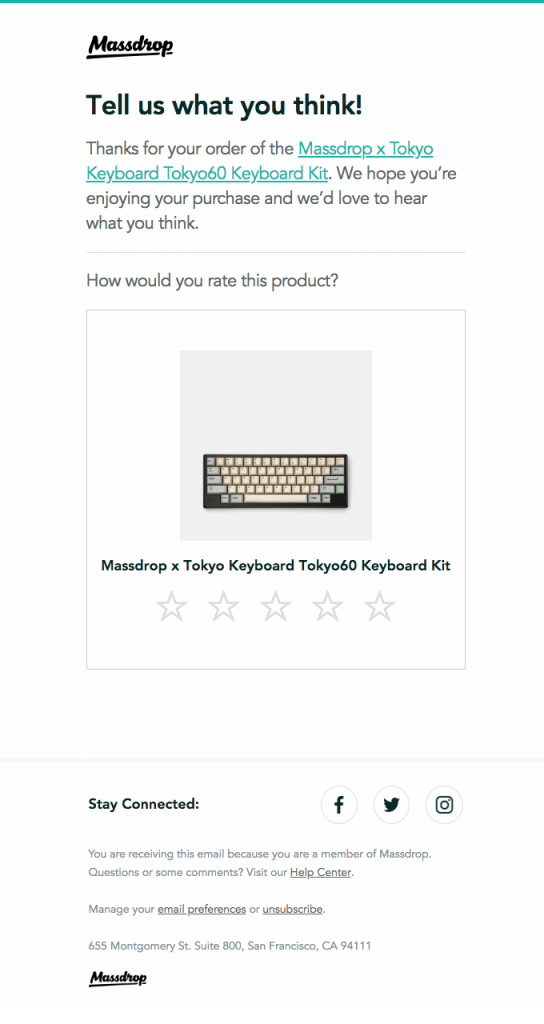 Massdrop Post purchase stage email