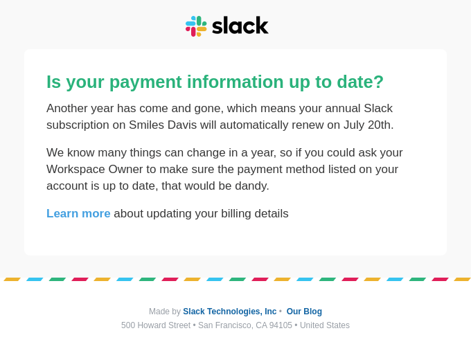 pre-dunning email from Slack