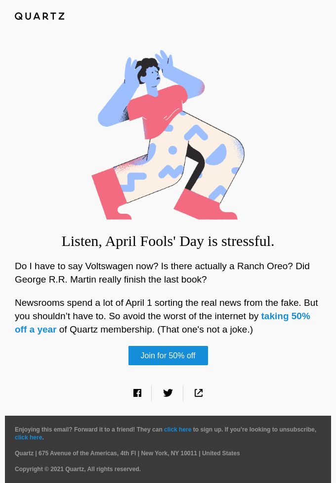 Quartz April Fool's email