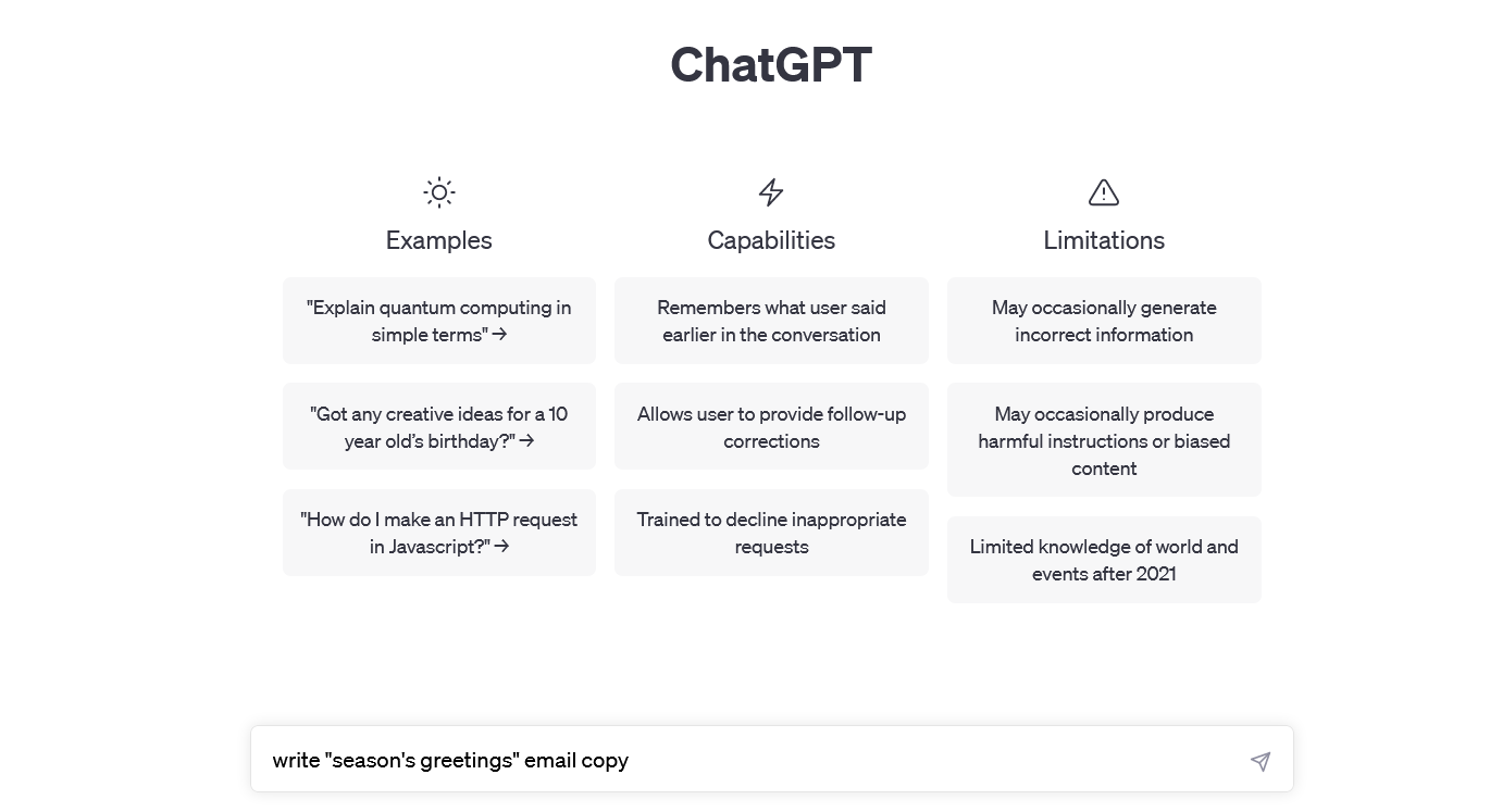 season’s greetings email command ChatGPT